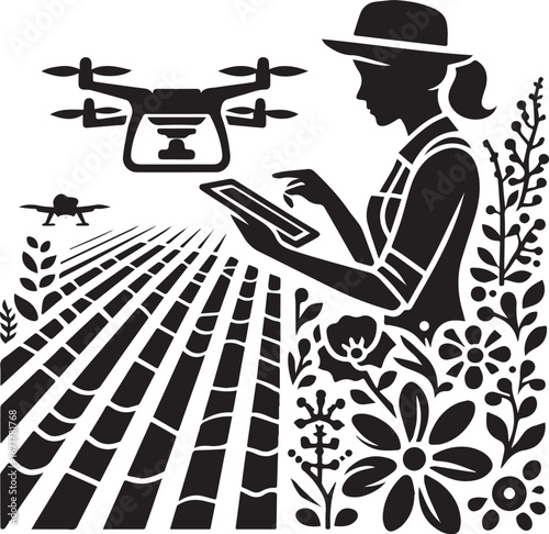 Silhouette of a woman farmer analyzing fields using a drone and tablet with floral design