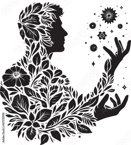 Man silhouette filled with foliage casting botanical magic in a minimalist style