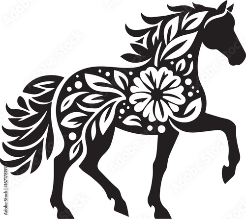 Elegant floral horse silhouette vector illustration for branding and design