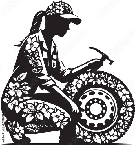 Floral silhouette illustration of a female mechanic repairing delivery truck tires