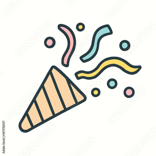 Colorful Party Popper Confetti with Streamers and Circles on White Background
