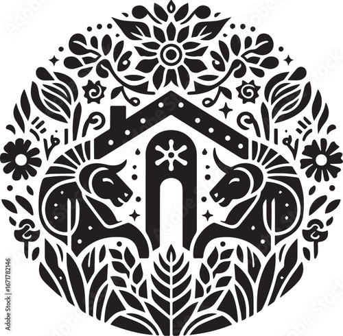 Detailed Taurus Zodiac Emblem with Floral Botanical Elements Decorative Design
