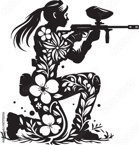 Floral Fury: A botanical woman warrior in a paintball arena design