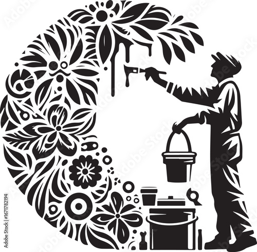 Botanical Graffiti Artist Vector Illustration with Floral Design and Painter Silhouette