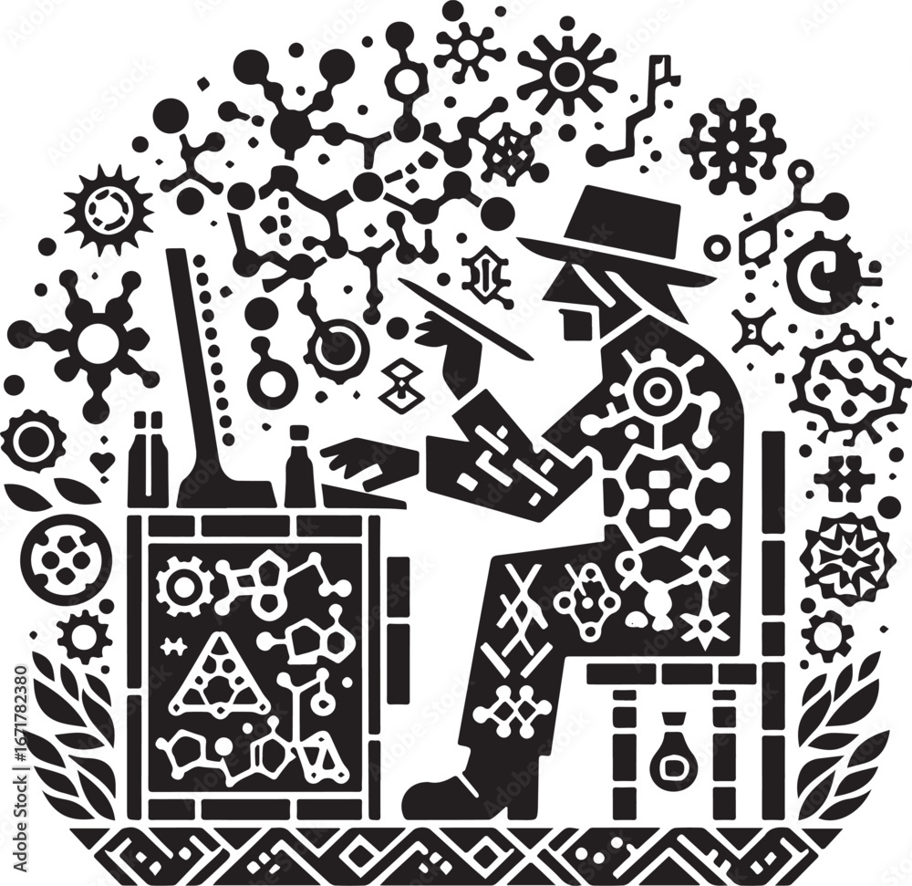 Fototapeta premium Folk art illustration of a scientist creating chemical structures on computer