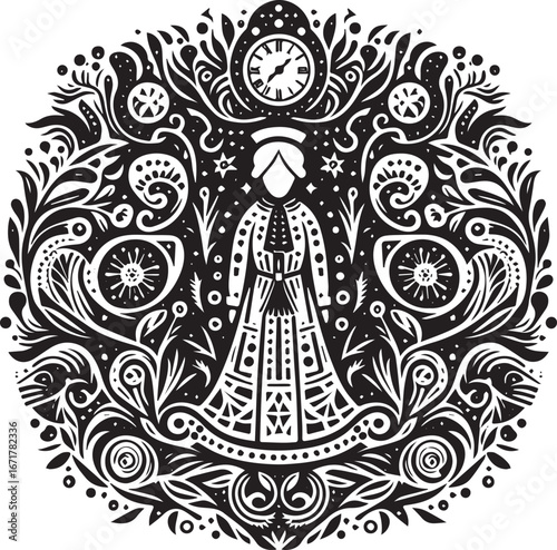 Time Weaver Emblem with Botanical Accents, Folk Art Black and White Illustration