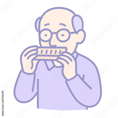 Elderly Man Playing Harmonica in Calm Indoor Setting