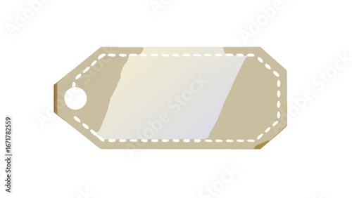 Illustration of a beige tag with a hole and white dashed lines on a white background view from above