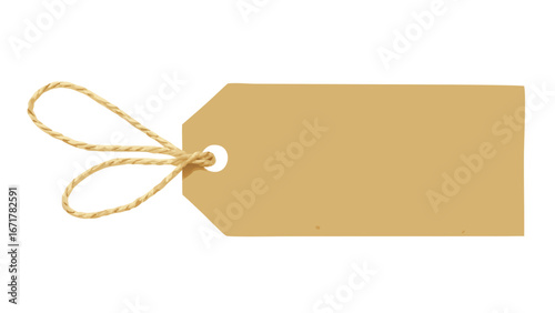A tan rectangular tag with a hole and a looped string tied to it against a white background is shown
