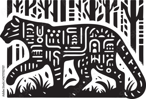 Monochrome conceptual jaguar illustration within forest artwork with glyph symbols