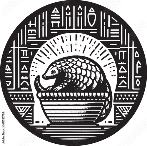 Monochrome pangolin illustration in a basket, ancient hieroglyphic design, animal art