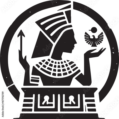 Black and White Stencil Logo Art of an Egyptian Attendant Grunge Hieroglyphic