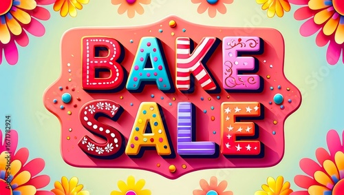 Image of bake sale colourful pattern text over banner and flowers in background.