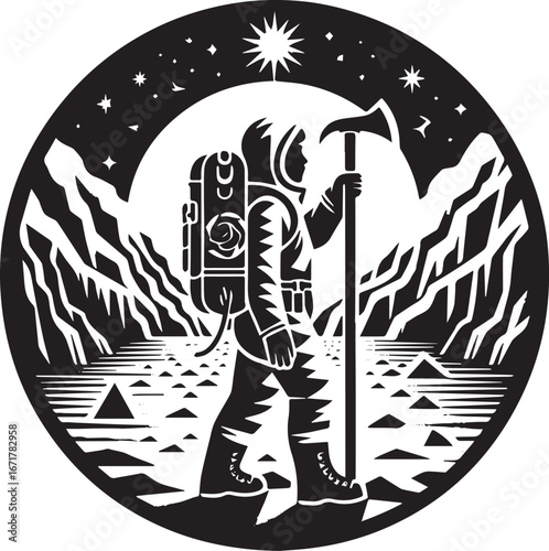 Folksy depiction of a explorer in a glacial environment, wearing snow gear