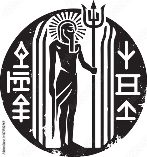 Monochromatic stencil emblem depicting a stylized figure with a trident artifact