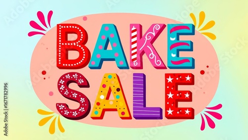 Image of bake sale colourful pattern text over banner and flowers in background.