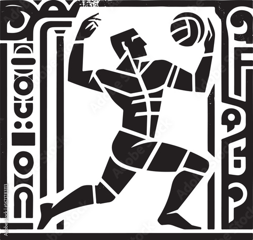 Stylized Volleyball Athlete Emblem, Graphic Hieroglyphic Design for Sports