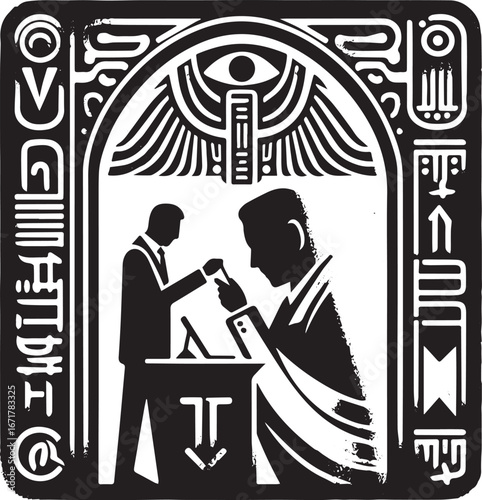 Stylized Egyptian Hieroglyph Depiction of Identification Checkpoint at Event Entrance