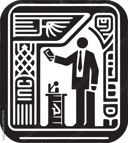 Stylized Monochromatic Graphic Depicting Event Check-in with Security Presence