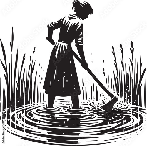 Suminagashi style illustration of a woman clearing swamp weeds with machete