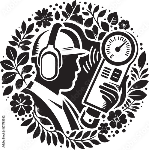 Minimalist botanical emblem featuring a worker monitoring sound levels with meter