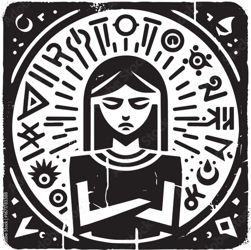 Abstract Woman Surrounded by Symbolic Glyphs Expressing Discontentment and Frustration