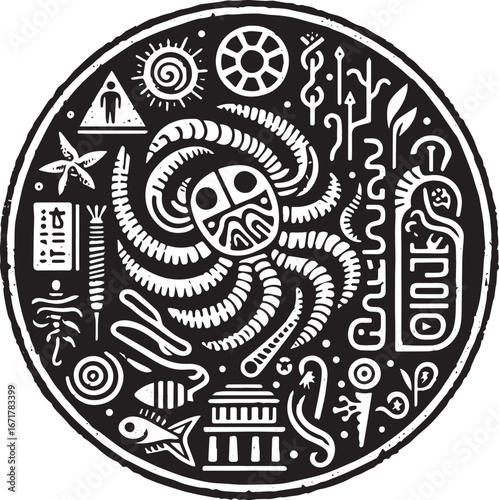 Monochrome Hieroglyphic Seal Depicting Marine Life and Ancient Symbolism