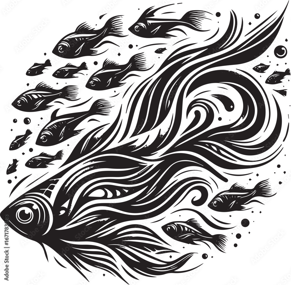 Obraz premium Abstract Monochrome Shoal: A Flowing Aquatic Stencil Design with Swimming Fish