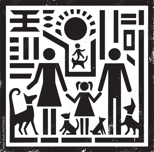 Abstract family with pets logo resembling hieroglyphs in black and white