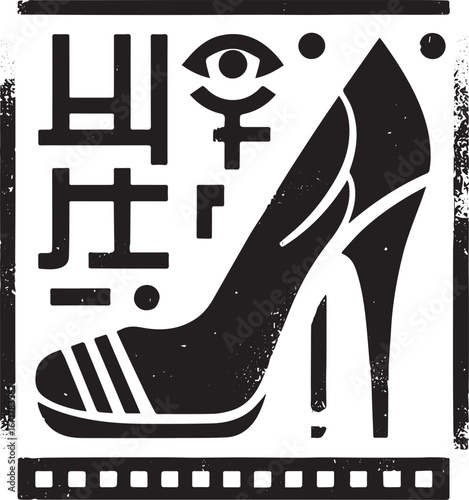 Abstract Hieroglyphic Logo Art of a High Heel Shoe with Grunge Style Design