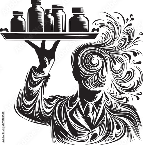 Stylized illustration of a person carrying medicines, a unique vector artwork