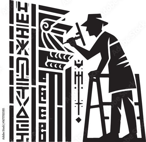Detailed Hieroglyphic Logo Depicting Restoration of a Historical Building Facade