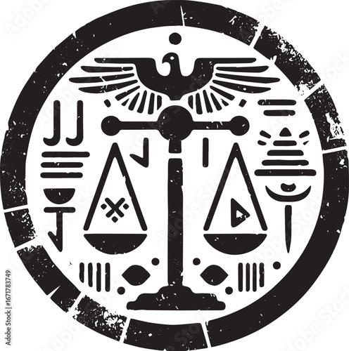 Abstract Justice Balance Emblem with Eagle, Grunge Design, Isolated Black and White Style