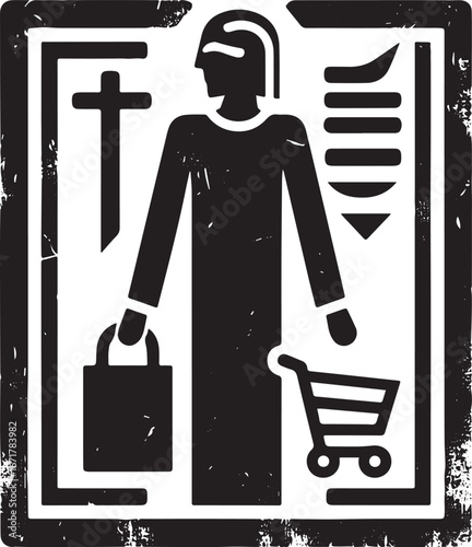 Monochrome retail hieroglyph, silhouette of customer buying groceries, stencil logo art