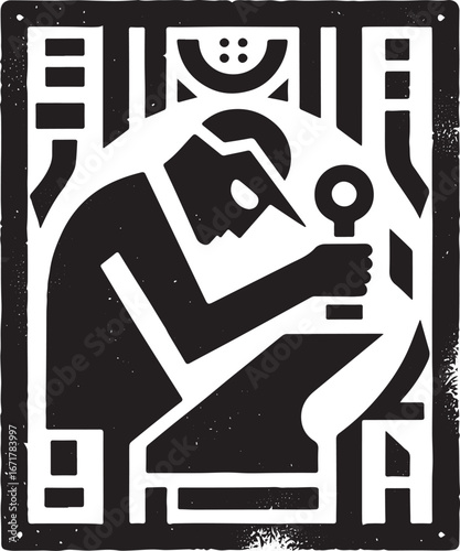 Hieroglyphic style illustration of a skilled worker crafting metal with precision
