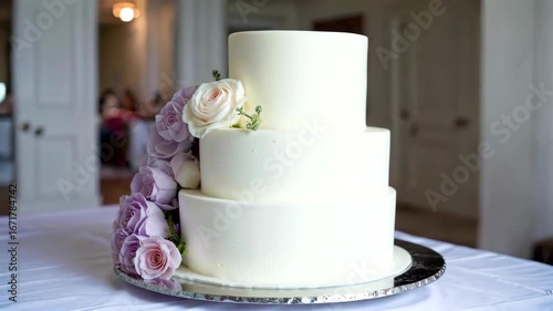 Close up of three layers of flower-decorated cake Exquisite wedding cake