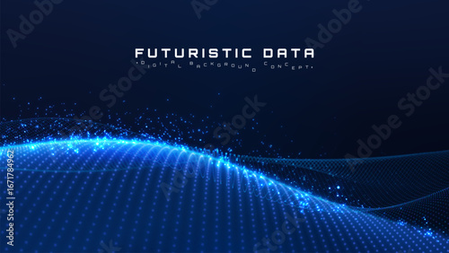 Digital wave glow background with blue neon particle motion. Futuristic technology artificial Intelligence data processing.