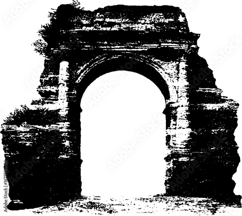 Grunge black and white artwork of ruined stone archway for vintage design