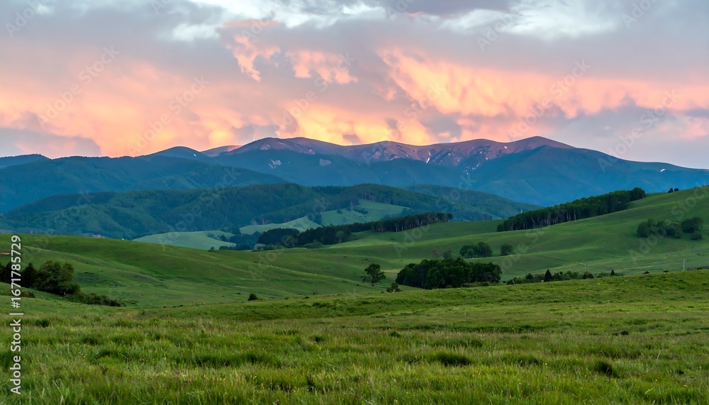 Fototapeta premium A vast, grassy plain stretches before rolling hills and distant mountains, painted in soft hues of sunset.