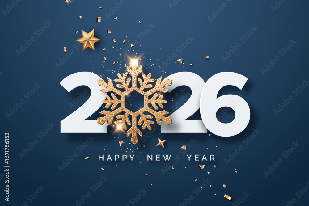 Naklejka premium 2026 New Year greeting card with a gold snowflake, stars, and confetti on a navy background