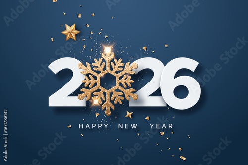 2026 New Year greeting card with a gold snowflake, stars, and confetti on a navy background