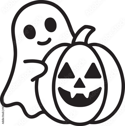 Friendly ghost hugs a spooky jack o lantern