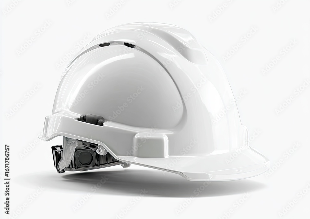 Fototapeta premium White construction helmet, angled, safety gear, isolated on white background