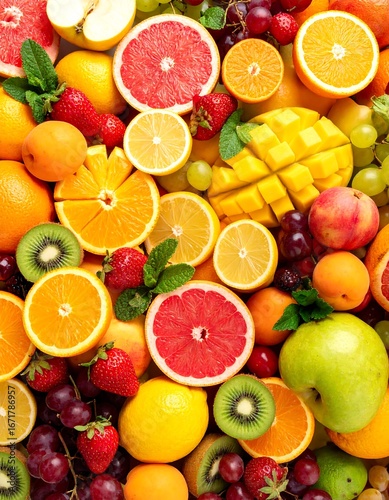 Vibrant display of assorted fresh fruits, featuring slices of oranges, grapefruits, lemons, mangoes, kiwi, and strawberries, creating a colorful and healthy composition.