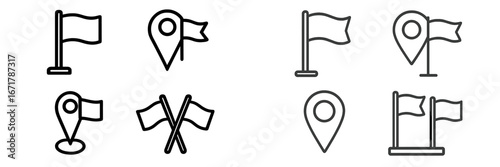 Collection of location markers with flags featuring various styles and orientations in a minimalist design