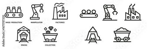Industrial processes illustrated through various icons depicting production, automation, and extraction in factories and mining sites