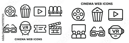 Web icons representing cinema activities with popcorn, VR, and film elements in an organized layout