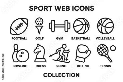 Sport web icons collection featuring various athletic activities and equipment in a minimalist design for web and graphic use