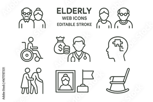 Collection of icons representing elderly care, health services, and support activities in a community setting