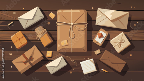 Flat lay of packages and envelopes on a wooden table